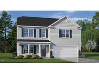 Two-story house with gray siding, dark green shutters, and a white door at 70 Saddle Mare St, Clayton, NC 27520
