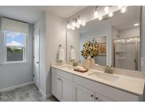 Elegant bathroom with double vanity, large mirror, and a walk-in shower at 119 Siebold St, Garner, NC 27529