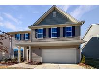 Two-story house with gray siding, white garage door, and landscaping at 110 Shining Amber Way, Franklinton, NC 27525