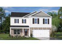 Two-story house with gray and white siding, stone accents, and a two-car garage at 110 Ethel Ln, Angier, NC 27501