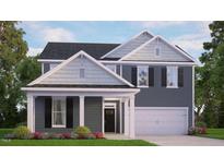 Two-story home with gray siding, two-car garage, and landscaping at 7584 Percussion Dr, Apex, NC 27539
