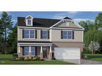 Two-story home with brick and siding exterior, two-car garage, and landscaping at 64 Tributary Way, Fuquay Varina, NC 27526