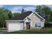 One-story house with stone and shingle accents, two-car garage, and landscaped lawn at 1117 Middlecrest Dr, Rocky Mount, NC 27804