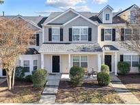 Two-story townhome with a covered porch and well-manicured landscaping at 207 Hampshire Downs Dr, Morrisville, NC 27560