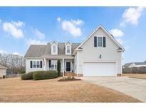 Suburban home with two-car garage and landscaped lawn at 1704 Little Drake Ave, Willow Springs, NC 27592