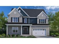 Two-story home with gray brick and blue siding, a three-car garage, and a covered front porch at 3201 Armeria Dr, Apex, NC 27502