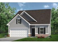 Two-story craftsman style home with gray siding, brick accents, and a two-car garage at 14 E American Marigold Dr # 65, Benson, NC 27504
