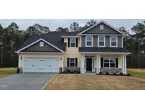 Two-story house with gray and yellow siding, white garage door, and landscaping at 117 Sunburst Ct, Fuquay Varina, NC 27526