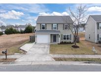 Two-story house with gray siding, attached garage, and landscaping at 4236 Amber Stone Way, Durham, NC 27704