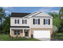 Two-story house with gray siding, brick bottom, and a two-car garage at 15 Granite Falls Way, Youngsville, NC 27596