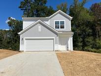 Charming two-story home with gray siding, white trim, attached garage, and a neatly paved driveway at 324 Arch Canyon Cir, Zebulon, NC 27597