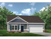New one-story home with gray siding, stone accents, and a two-car garage at 214 Deodora Ln, Cameron, NC 28326