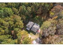 Aerial view of house nestled in woods with large backyard at 6328 Bissette Rd, Wendell, NC 27591