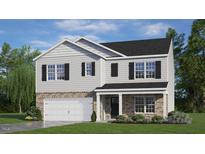 Two-story house with gray siding, brick accents, and a two-car garage at 180 Paper Birch Way, Fuquay Varina, NC 27526