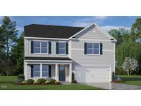 Two-story house with gray siding, dark green shutters, and a white double garage door at 192 Paper Birch Way, Fuquay Varina, NC 27526