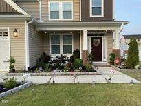 Charming front porch with string lights and colorful landscaping, complete with seating at 359 Ballast Pt, Clayton, NC 27520