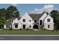 Magnificent new construction home exhibiting light brick and white siding, complemented by lush landscaping and a manicured lawn at 6500 Century Oak Ct, Raleigh, NC 27613