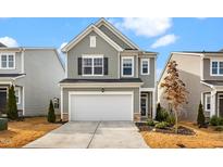 Charming two-story home with gray siding, black shutters, and a two-car garage at 1127 Sweet Cream Ct, Durham, NC 27703