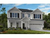New two-story home showcasing white siding, black shutters, an attached two-car garage, and a manicured front lawn at 627 Contento Ct, Sanford, NC 27330