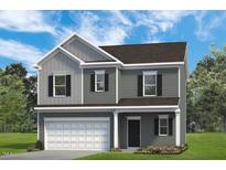 Two-story home with gray siding, black shutters and a two car garage at 209 Deodora Ln, Cameron, NC 28326