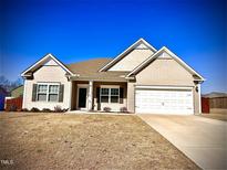 Inviting one-story home with neutral siding, a well-maintained lawn, and an attached two-car garage at 238 Verbena Dr, Clayton, NC 27520