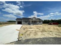 New construction home featuring gray siding, a garage, and a long concrete driveway at 82 Asher Pointe Way, Benson, NC 27504