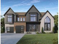 New construction with a modern design, featuring a two car garage and complementary colored construction materials at 405 Latimer Rd, Raleigh, NC 27609