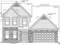 Architectural drawing featuring the exterior elevation of a two-story home with an attached garage and a stone facade at 1016 Channel Drop Lp, Zebulon, NC 27597