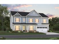 Charming two-story home features a covered porch, attached two-car garage, and stylish light-blue siding at 1216 Opal Ln # 90, Durham, NC 27705