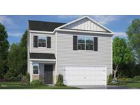 Charming two-story home featuring gray siding, black shutters, and a two-car garage at 262 Palm Dr, Sanford, NC 27332