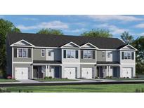 Charming townhome exterior with gray siding, white trim, dark shutters and a one-car garage at 416 Belgian Red Way, Wake Forest, NC 27587