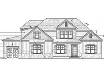 Detailed blueprint of a two-story home featuring decorative shutters, gable roofs, and a two-car garage at 95 Spanish Oak Dr, Youngsville, NC 27596