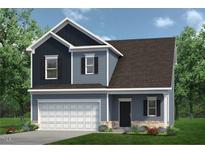 Charming two-story home with blue siding, a well-manicured lawn, and an attached two-car garage at 253 Deodora Ln, Cameron, NC 28326