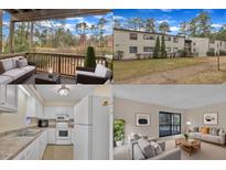 Four-image collage of a home featuring the exterior, patio with lake view, living room, and kitchen at 612 Pine Ridge Pl, Raleigh, NC 27609