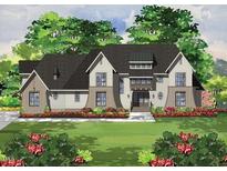 Charming rendering of a two-story home with a landscaped yard, stone accents, and a welcoming front entrance at 400 Cottonwood Cir, Raleigh, NC 27609