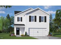 New construction two-story home featuring white siding, black shutters, and an attached garage at 120 Pisgah St, Sanford, NC 27330