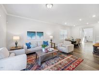 Bright living room featuring modern furniture, a colorful rug, and an open floor plan at 1007 Sora Way, Durham, NC 27703