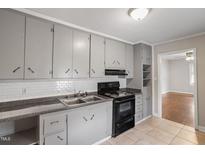Classic kitchen featuring gray cabinets, tiled backsplash, and black appliances at 617 Bernice St, Durham, NC 27703