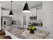 Modern kitchen featuring stainless steel appliances, white cabinets, and a large center island with granite countertops at 1006 Westerland Way # 198, Durham, NC 27703