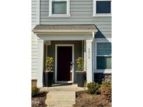 Charming home entrance with a decorative door, potted plants, and craftsman-style architecture at 5818 Humanity Ln, Raleigh, NC 27616