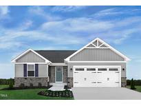 Charming single-Gathering home featuring stone accents, blue door, and an attached two-car garage at 37 Artesa Ct, Fuquay Varina, NC 27526