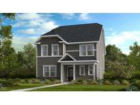 Charming two-story home featuring gray siding, stone accents, and a covered front porch, set amidst a landscaped yard at 1244 Hardin Hill Ln, Knightdale, NC 27545