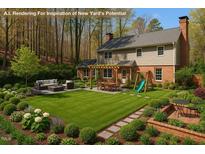 An expansive backyard featuring a lush lawn, a patio with outdoor seating, and a charming swing set at 609 Brookview Dr, Chapel Hill, NC 27514
