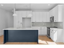 Modern kitchen features white cabinets, stainless steel appliances, large island and light wood floors at 5057 Lundy Dr # 101, Raleigh, NC 27606