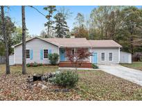 Charming single-story home with light gray siding, blue shutters and door, and a well-maintained front yard at 928 Magnolia Ridge Way, Fuquay Varina, NC 27526