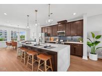 Modern kitchen with a large waterfall island, stainless steel appliances, and dark wood cabinets at 1028 Zelkova Ln, Chapel Hill, NC 27517