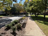 A picturesque street view with mature trees lining the sidewalk and residential buildings, enhancing the community's charm at 201 Finsbury St # 201, Durham, NC 27703