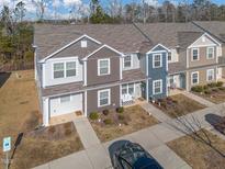Beautiful townhome showcasing multiple units with varied siding colors and sidewalk lined with landscaped greenery at 208 Chandler Ct, Sanford, NC 27330