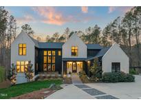 Stunning two-story home featuring a modern black and white exterior with a well-manicured lawn and inviting entryway at 336 Timberline Dr, Pittsboro, NC 27312