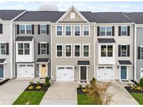 Charming townhomes showcasing a modern design, individual garages, and well-manicured landscaping at 605 Silverado Sunset Loop, Wendell, NC 27591